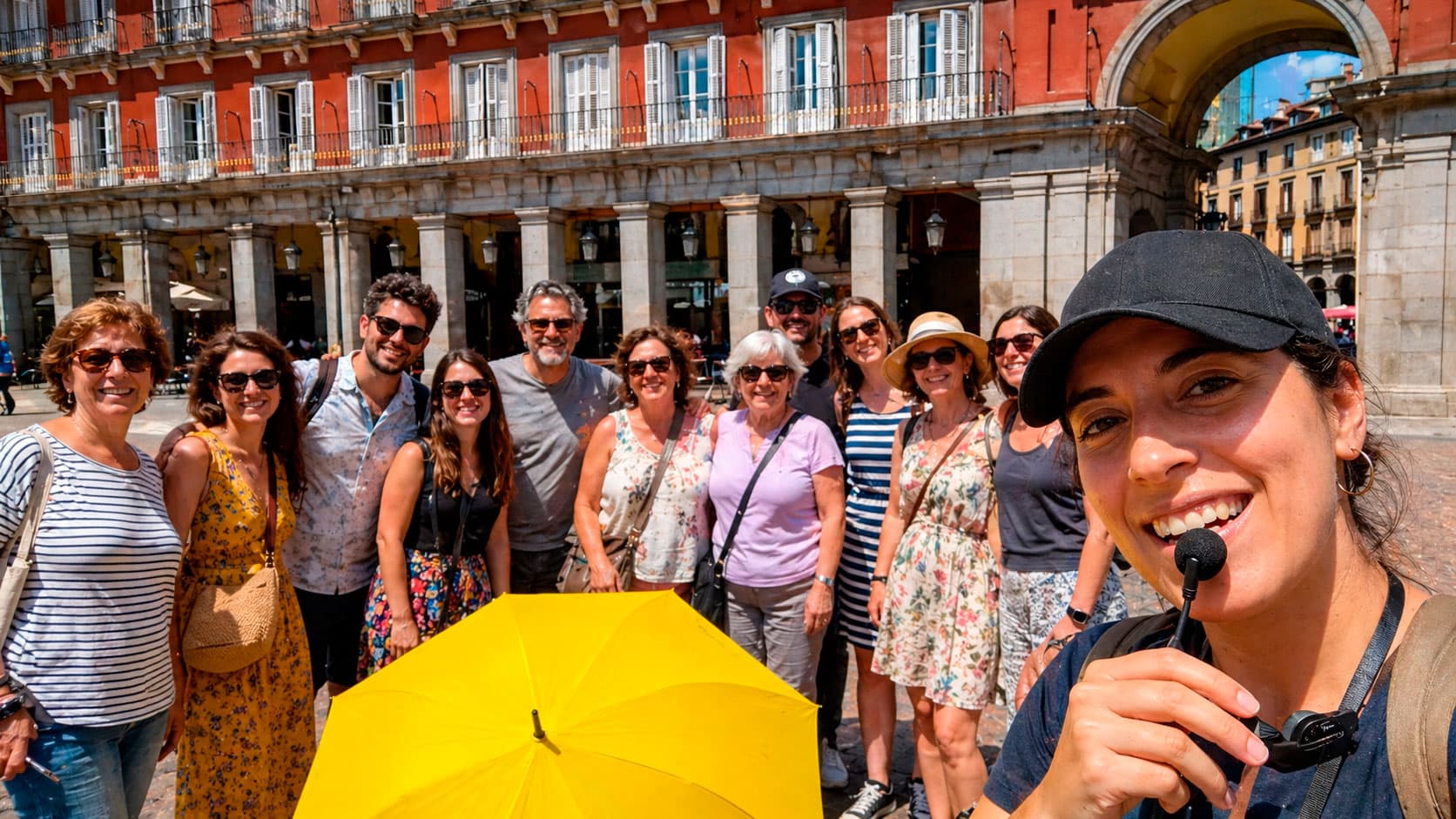 Grupo del free tour escuchando al guía en la Plaza Mayor de Madrid