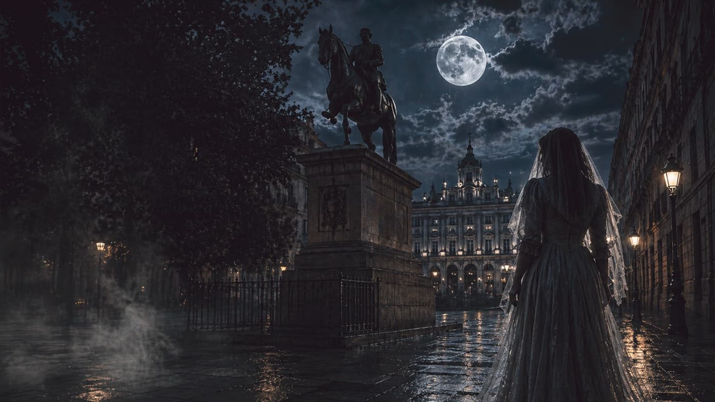 Ambiente nocturno y sombrío del casco histórico de Madrid en el tour de misterios y leyendas